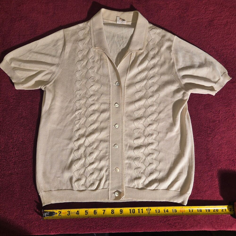 Miriam Carma Short Sleeve Knit Collared Shirt Cardigan Sweater Cream Italy Sz 4